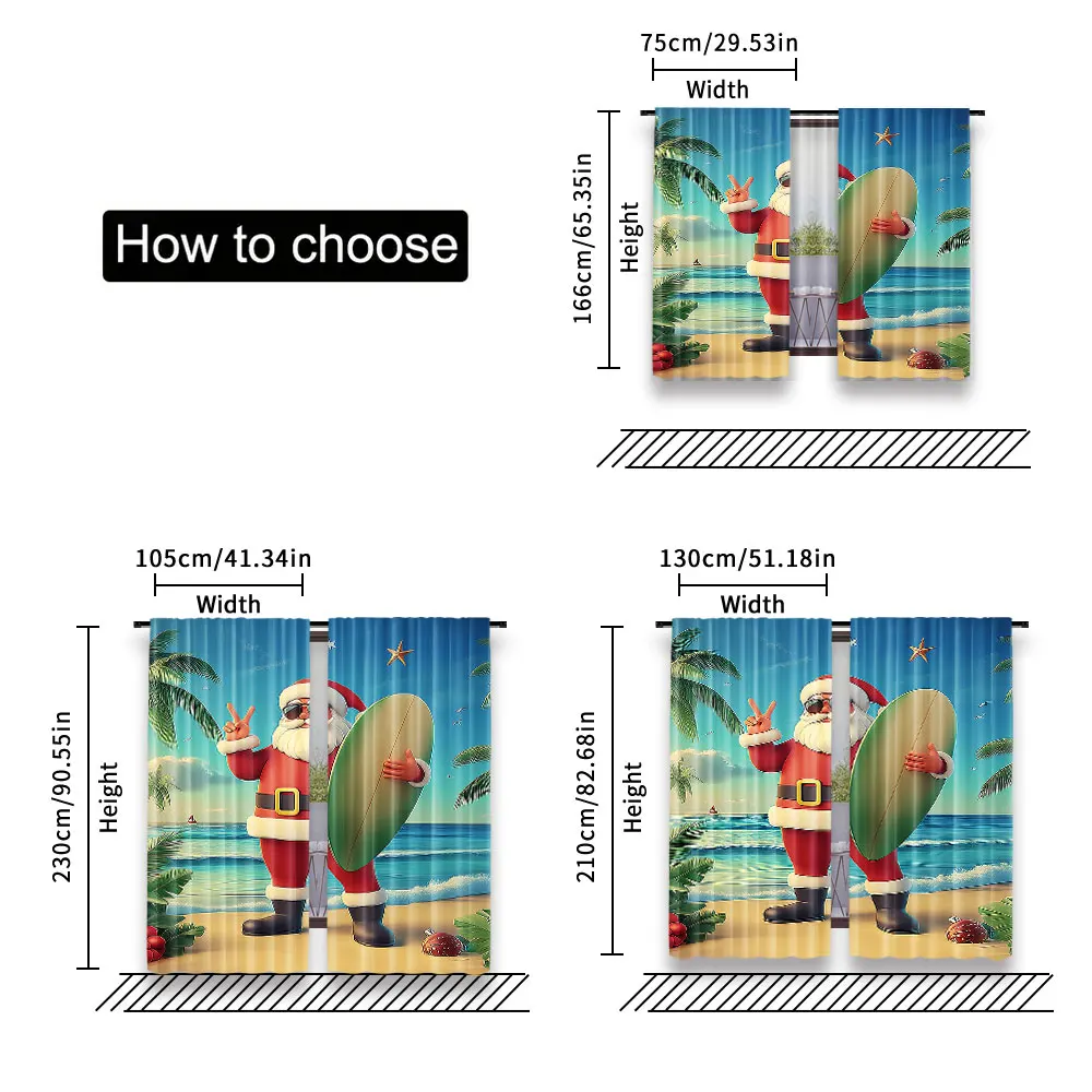 2Pcs Christmas Curtain Santa Claus Trunks On The Beach And Surfboard Sunny Hot Christmas Theme For Living Room Dining Room