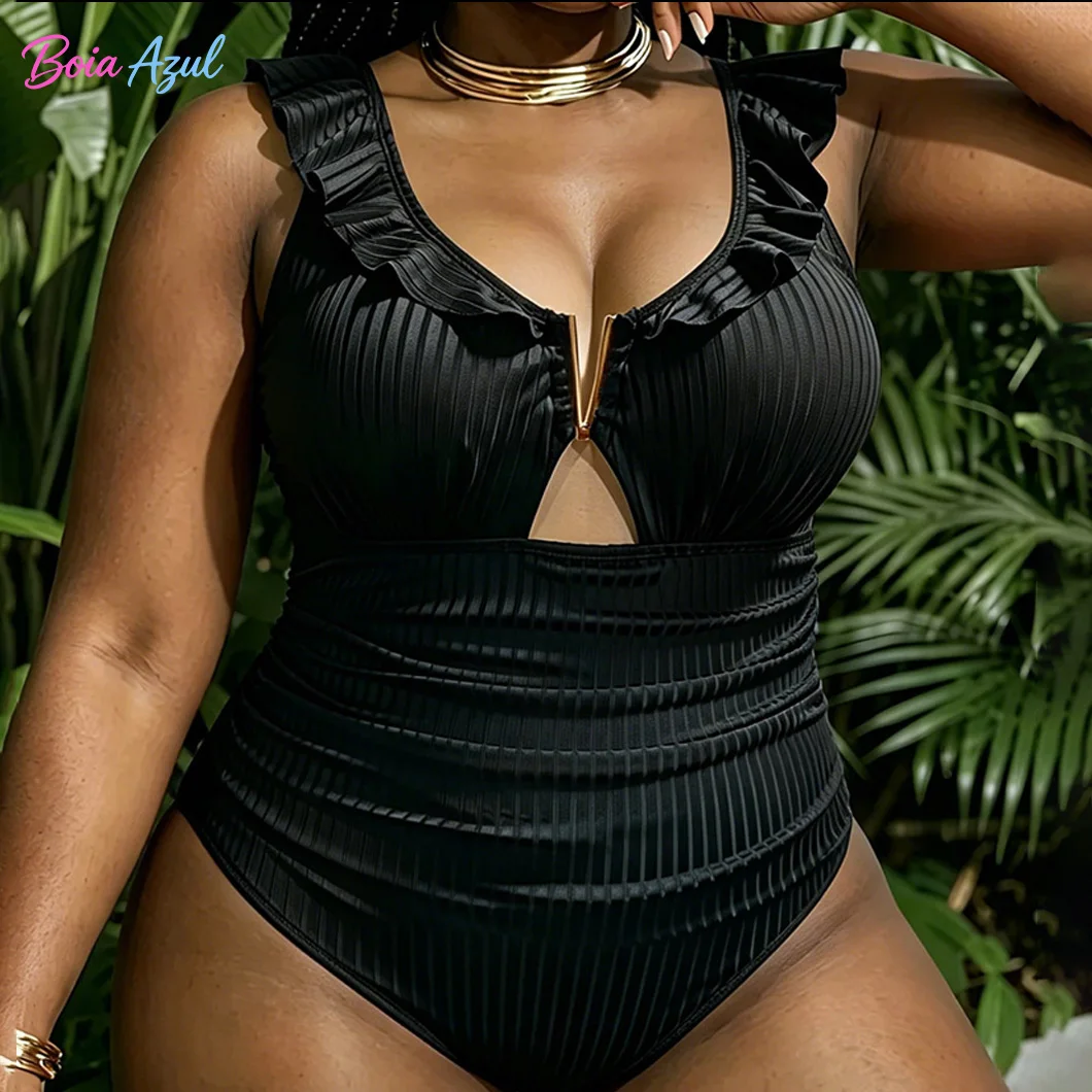 Plus-size Women's One-piece Swimsuit Ruffled solid color Ribbed Shiny fabric Deep V-neck cutout Sexy cross-border Swimwear view 3