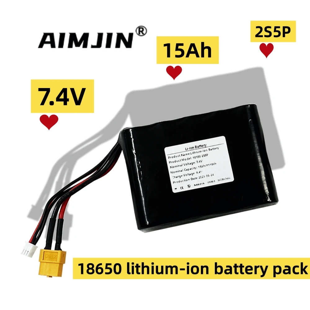 7.4V 15000mAh Rechargeable 18650 2S5P Lithium Ion Battery Pack XT60 XH2.54-3P Plug，For Various RC Airplane Quadrotor