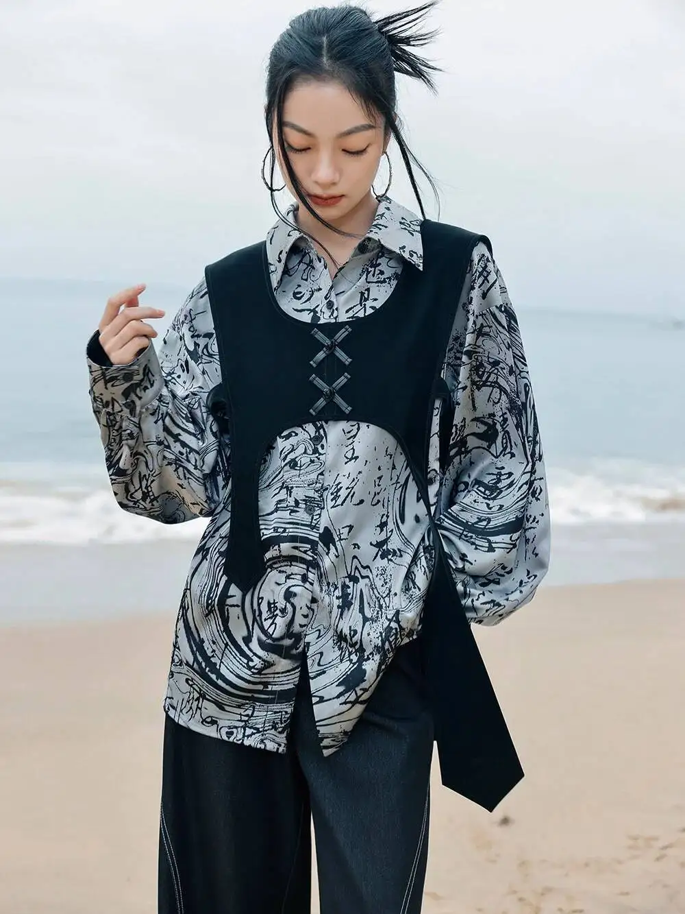 UMI MAO Original New Chinese Printed Satin Shirt Women's Spring And Autumn High End Unique Loose Lazy Versatile Top