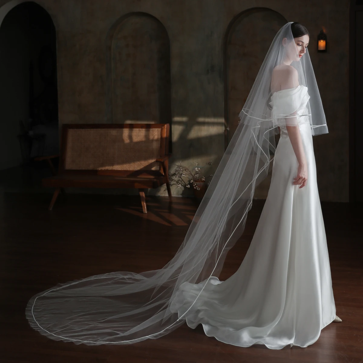 V864 Bridal Cathedral Handmade Veil for Wedding Dress Two-Layer Soft Tulle Ribbon Edge Long Brides to be Headdress Veil