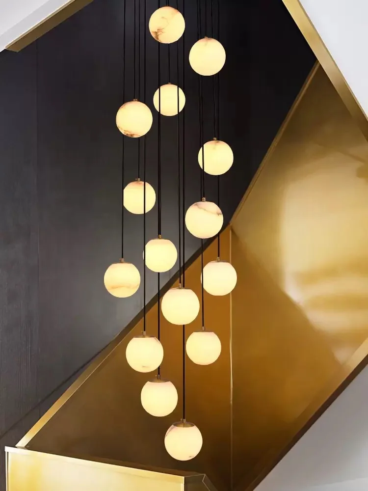 

Modern marble spherical staircase lamp, villa ceiling chandelier, light luxury LED transparent lustre, APP, dimmable