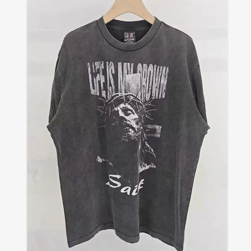 

Heavy Fabric Vintage Washed Black Saint T-Shirt Pattern Print Men Women Oversized Tops Best Quality Streetwear T Shirt