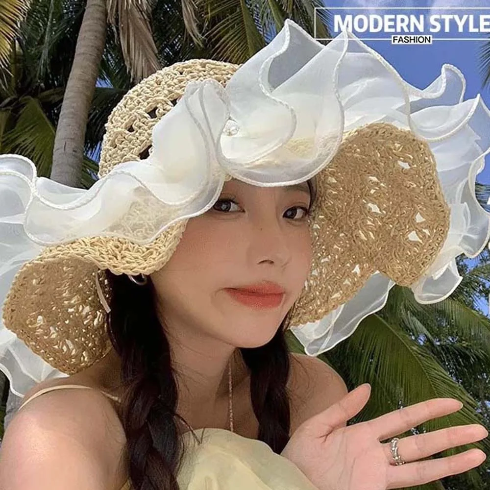 

Khaki Portable Lace Pearls Sun Cap Hollow Out Polyester Straw Weaving Beach Hat Breathable Thin Big Brimmed Woven Cap Summer