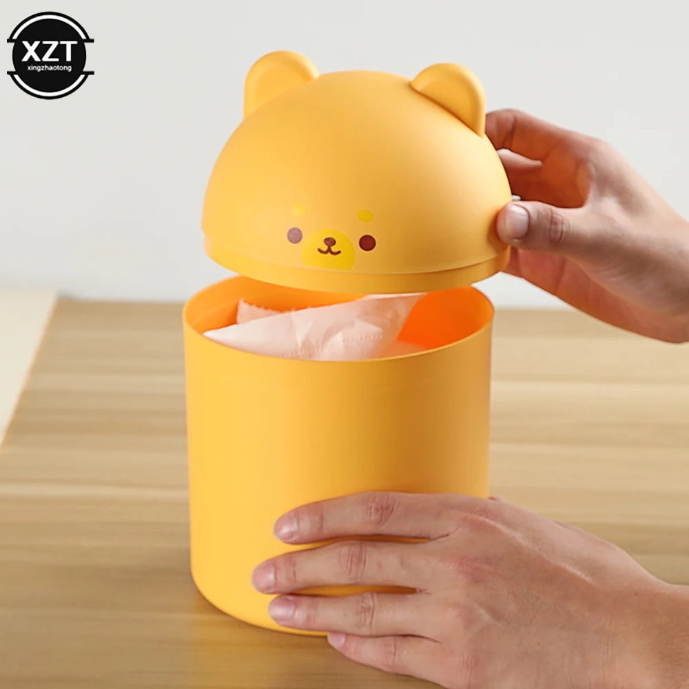 Cute Bear Desktop Trash Can Mini Children Student Storage Bucket With Lid Household Creative Living Room Bedroom Rubbish Bin Box