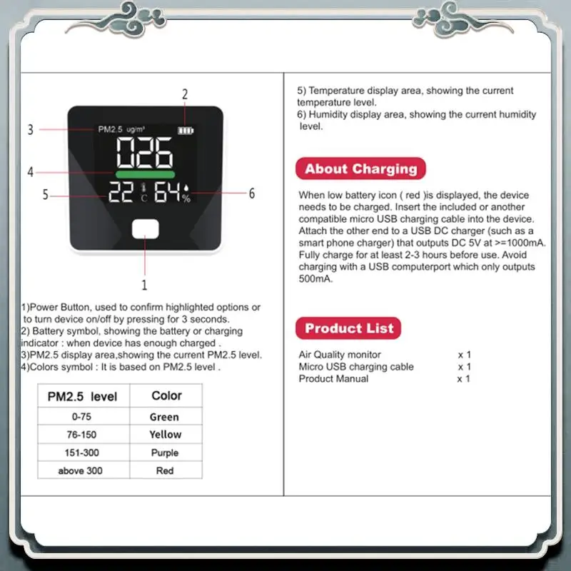 

Premium DM103B Portable Digital Air Quality Detector PM2.5 CO2 Tester Portable Digital Air Quality Detector