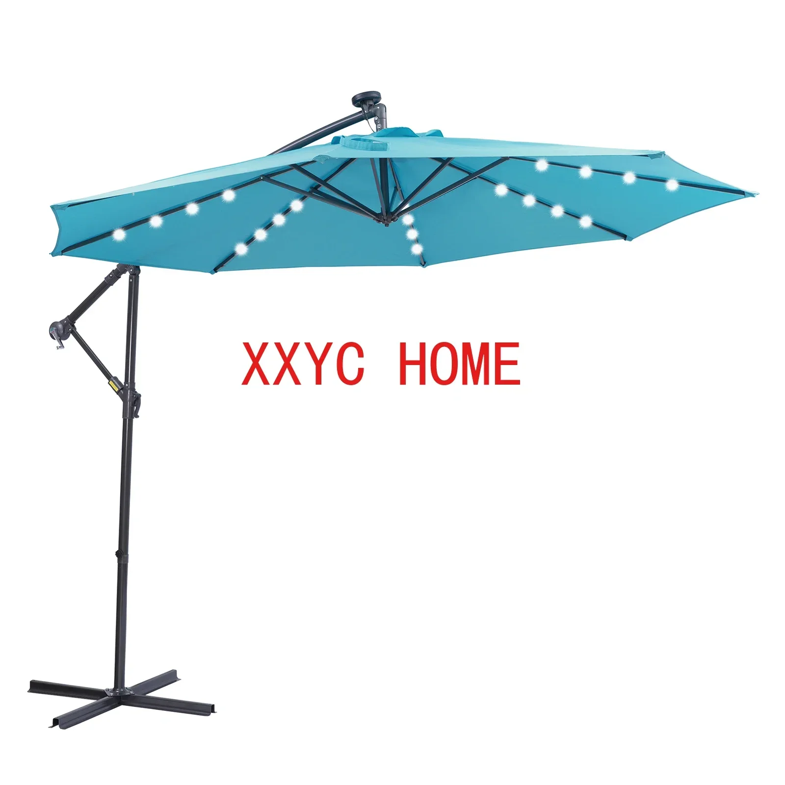 10 FT Solar LED Patio Outdoor Umbrella Hanging Cantilever Umbrella Offset Umbrella Easy Open Adustment with 32 LED Lights Blue