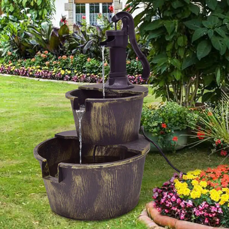 

2 Tiers Outdoor Barrel Waterfall Fountain with Pump