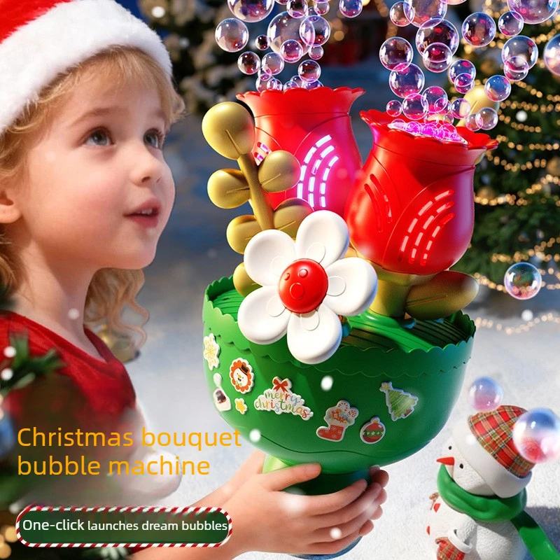 Handheld Flower Bouquet Bubble Machine Electric Bubble Blower  with Light Automatic Soap Blower Outdoor Toy Christmas Gift