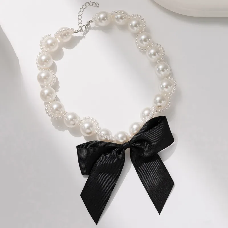Faux Pearl Ribbon Choker Necklace with Bow Vintage European Style Collarbone Chain Women's Jewelry Necklace Adjustable Length