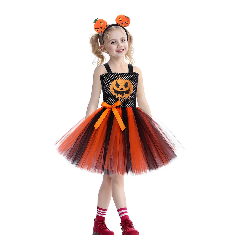 

Embroidered Pumpkin Children's Tutu Dress Halloween Cosplay Costume Big Mouth Horror Pumpkin Girls Princess Dress with Headband