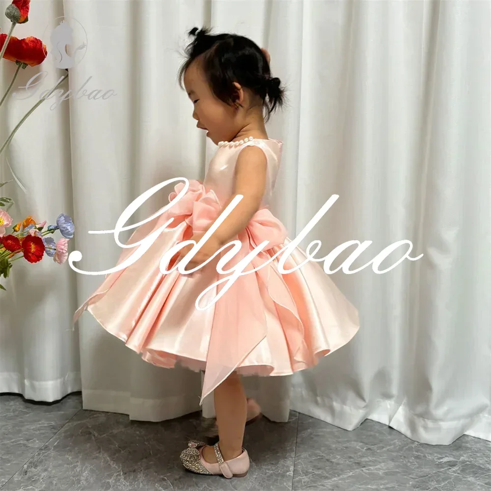 

Beading O Neck Pleat Sleeveless A Line Classic Wedding Party Flower Girl Dress Knee Length Formal Simple First Communion Gown