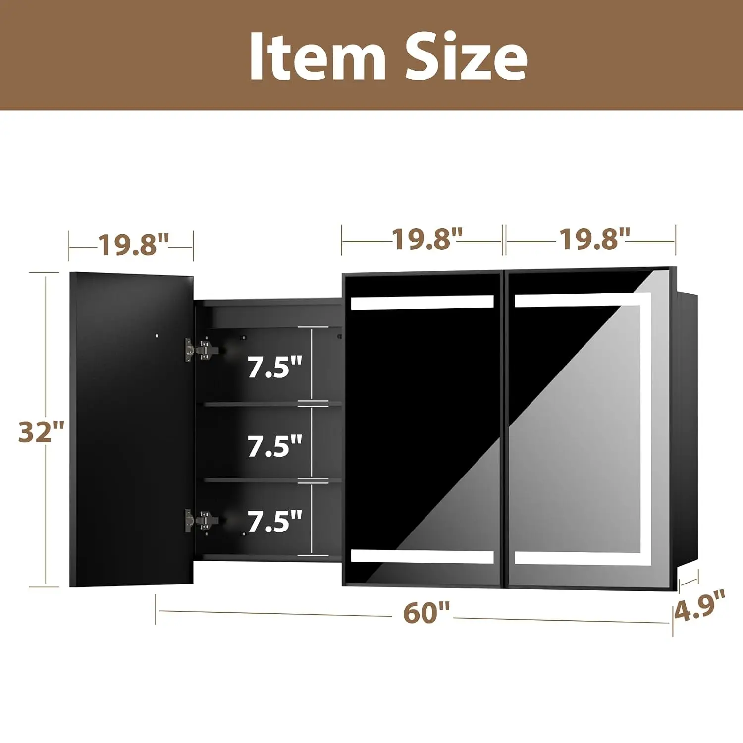 Led Bathroom Medicine Cabinet Mirror with 3-Color Dimmer Lights & Shelves, 32x60 Inch Wall Mounted Storage, Customized