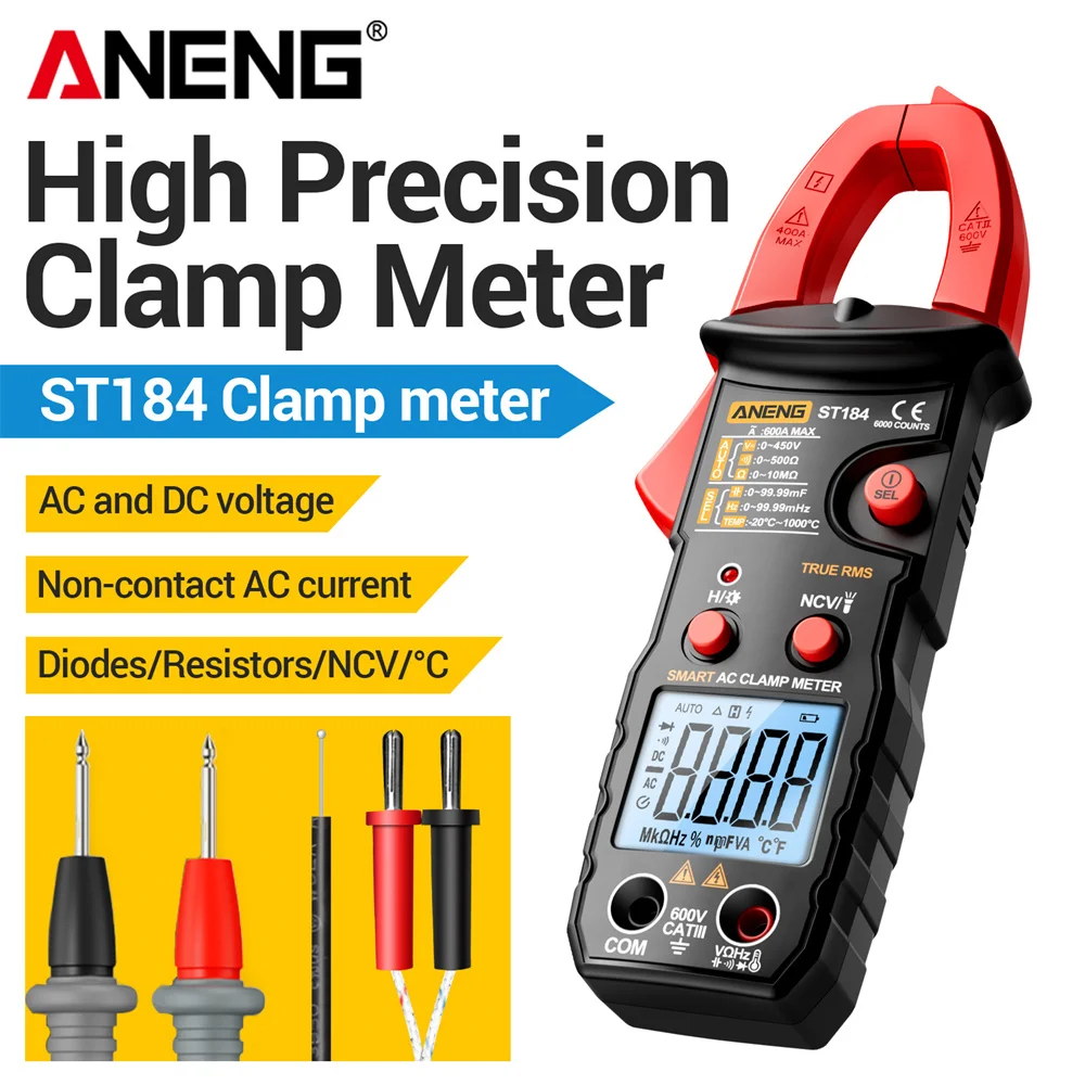 ANENG ST184 True RMS Clamp Meter Digital Multimeter AC DC Voltage Current Resistance NCV Induction Detector Electrician