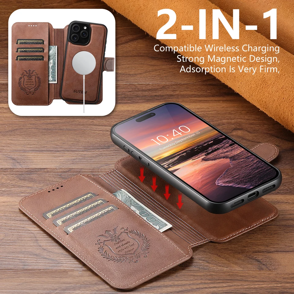 Billetera de cuero PU con soporte para tarjeta y cargador inalámbrico soporte billetera cubierta magnética de flip para iPhone 17 Pro Max 16 Plus 15 14 13 12 3
