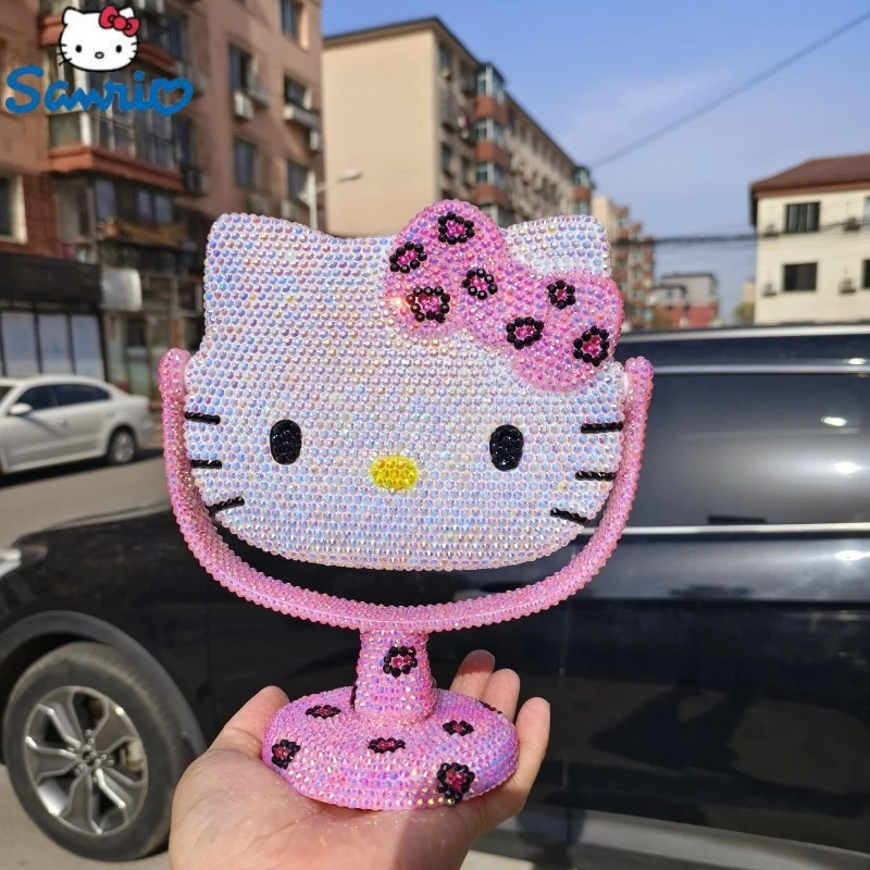 

Зеркало для туалетного столика Kawaii Hello Kitty, мультяшное блестящее зеркало, ручное зеркало с бриллиантами, розовые откидные подарки на день рождения