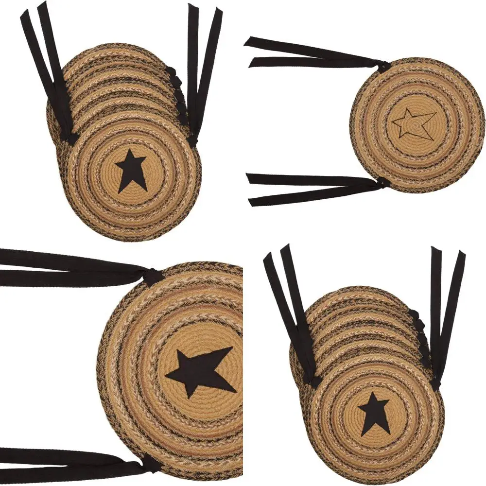 

Set of 6 15 Star-Appliqued Round Jute Chair Pads - Primitive Kettle Grove Style