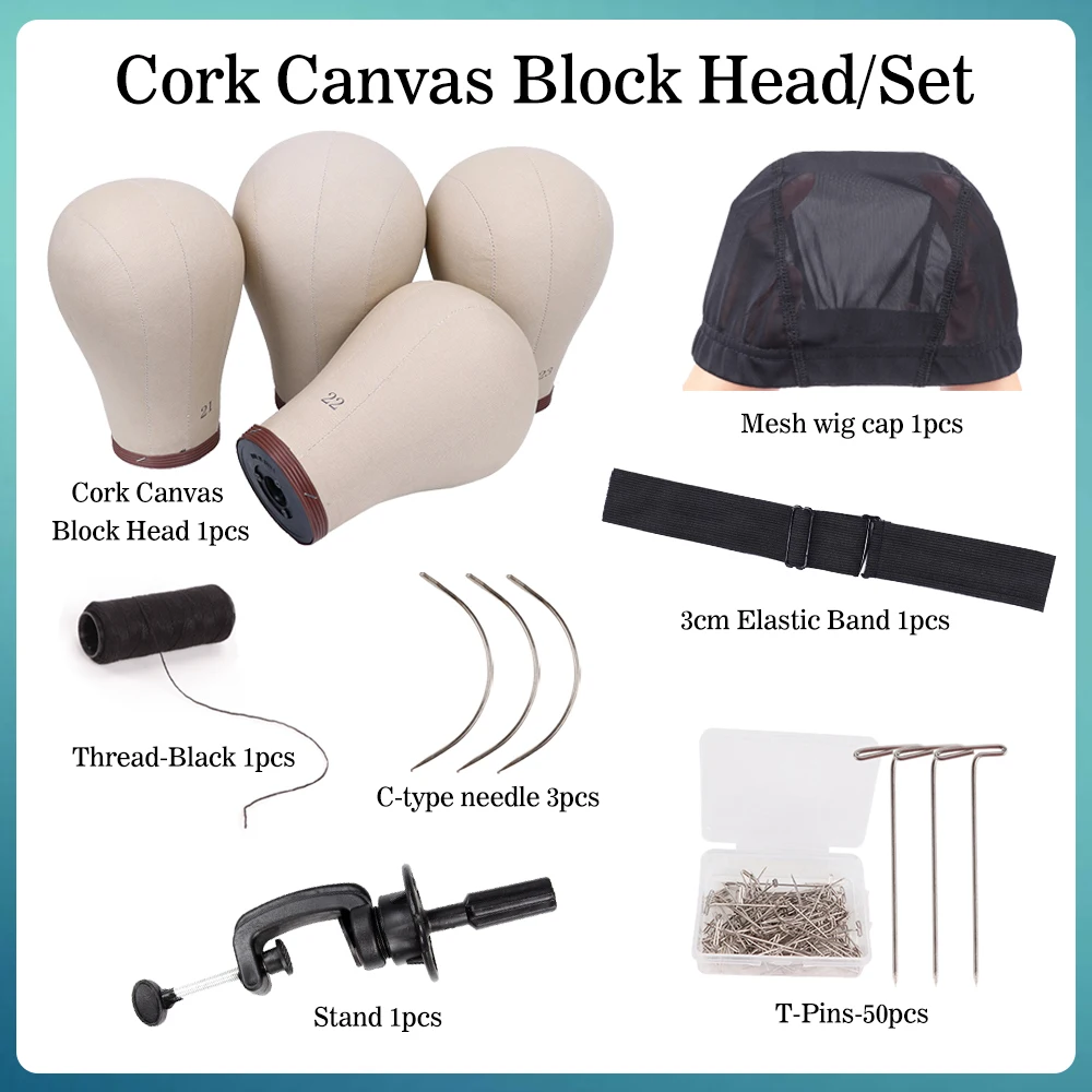 21 22 23 24Inch Cork Canvas Wig Head And Head Stand Set For Wigs Making Display With C Needles Sewing Thread Wig Strap Wig Cap