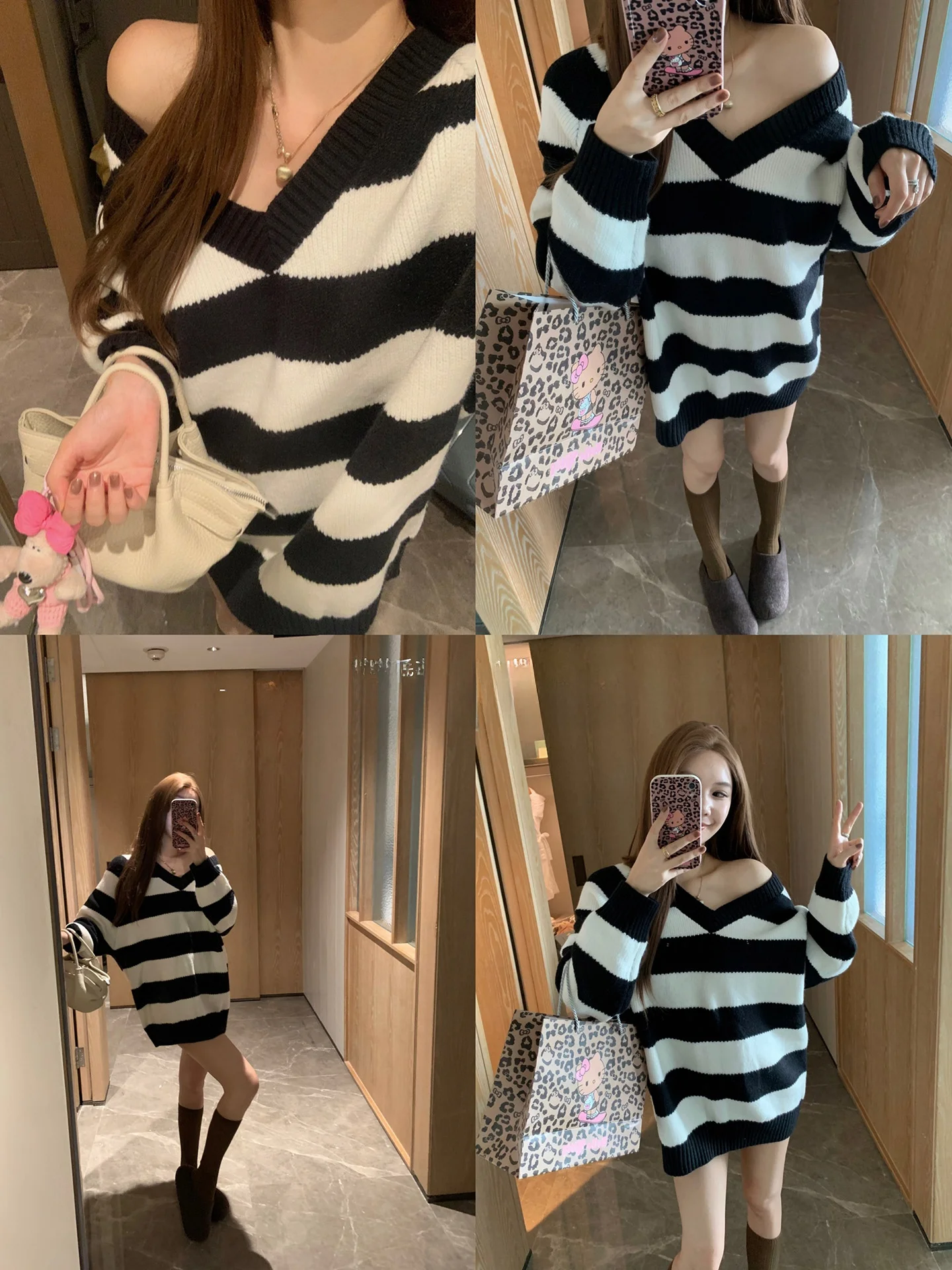 

Loose Knitted Top Corner of the Street Autumn Sle Double Wear round Ne V Ne Versatile Lazy Design Women's Faion