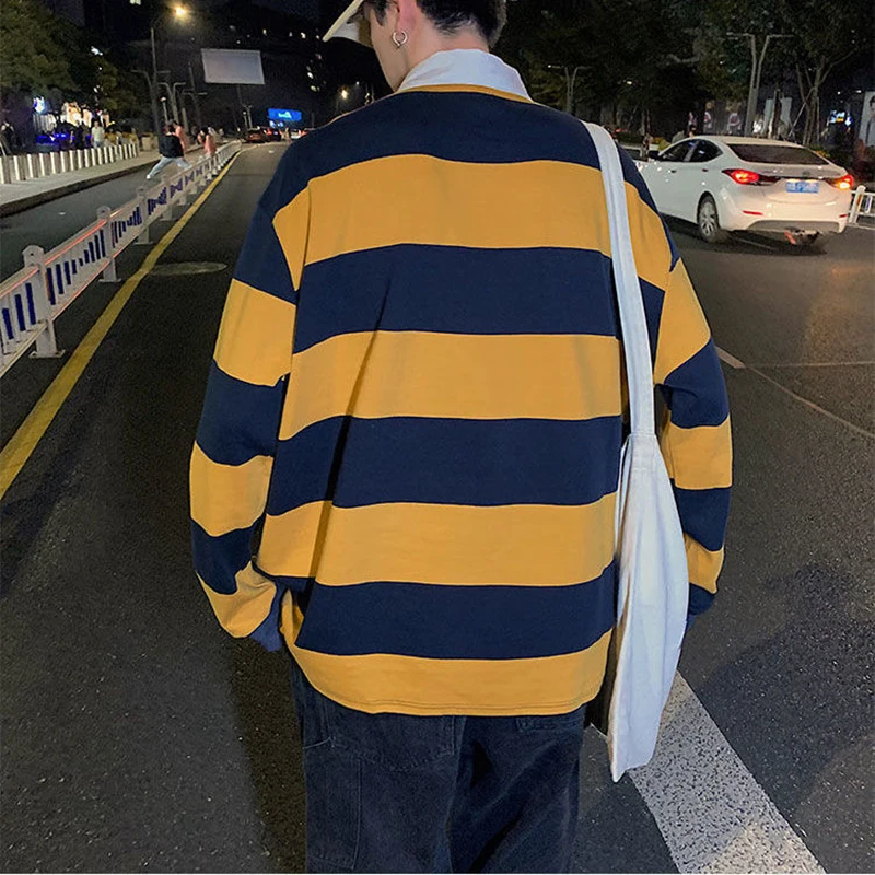 Yellow White Striped Vintage Polo Thin Casual 2022 Hoodie Long Sleeve Summer Spring Men Oversized Harajuku Korean Fashion Tops