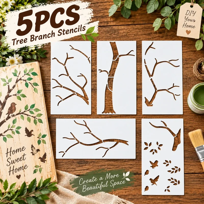 5PCS Tree Branch Stencils Reusable Bird Leaf Painting Templates for Wall Wood Furniture Canvas DIY Crafts Home Garden Decor