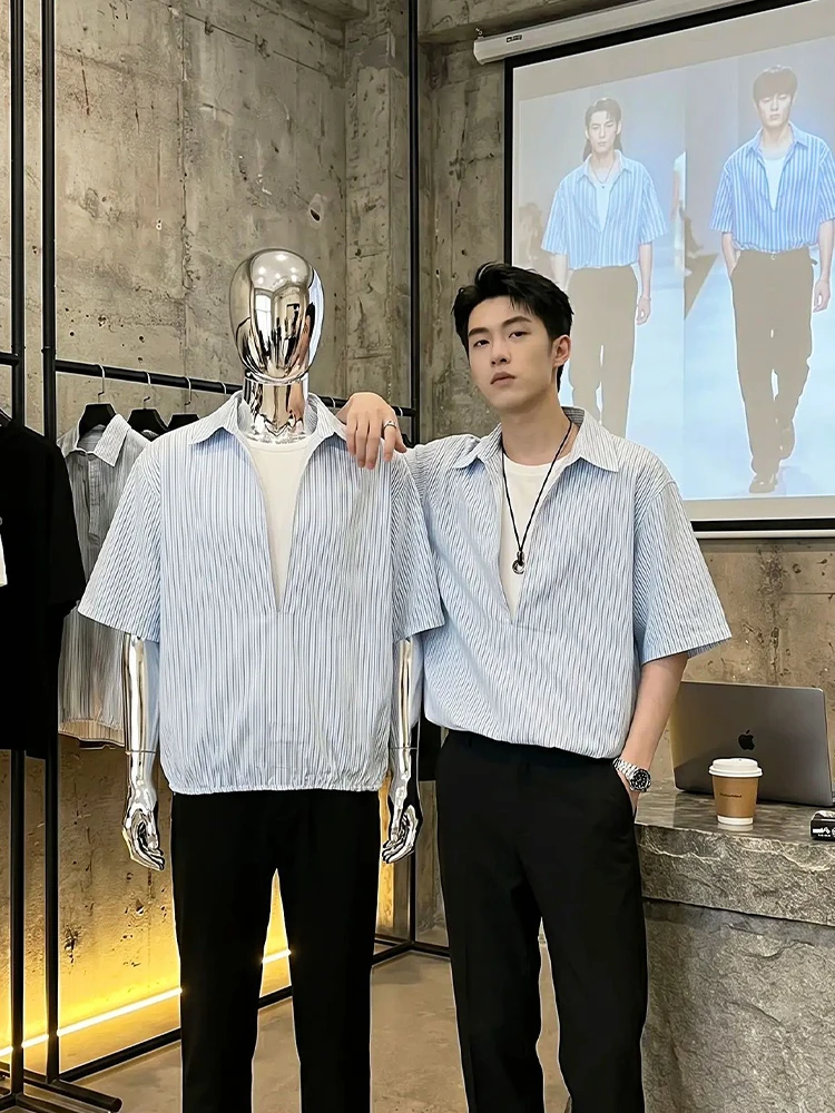 Men's V-Neck Striped Shirt Short Sleeve Fake Two-Piece Summer Loose Fit Breathable Polyester Fiber American Style Cleanfit
