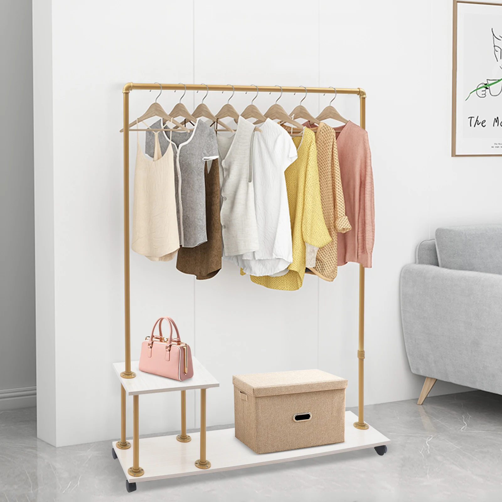 125*30*150cm Commercial Metal Pipe Clothing Rack Storage Garment Rack With Wheels Shelf Gold