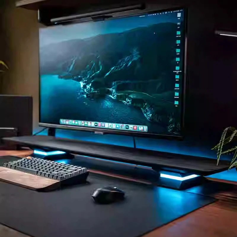 R20 Black Monitor Stand Solid Wood LED Base with Full Color Adjustment Modern Office Space Organizer Ergonomic Computer Desk