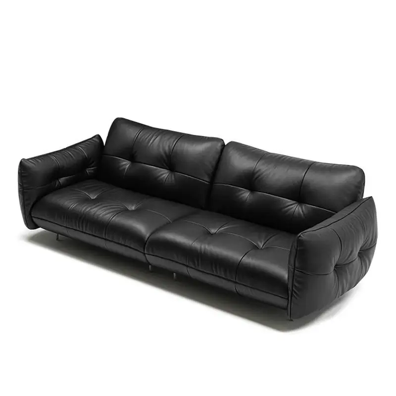 French retro style, leather buckle sofa, medium and ancient style advanced straight row, black sofa