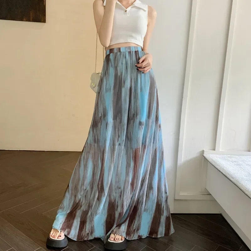 

Vintage Tie Dye Maxi Skirt for Women 2023 New Summer Korean Elegant Big Hem A Line High Waist Folds Long Skirt Female