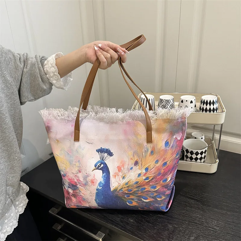 

Large Capacity Womens Handbags Printing Peacock Butterfly Shoulder Bags Canvas Versatile Tassel Beach Shopping Bag