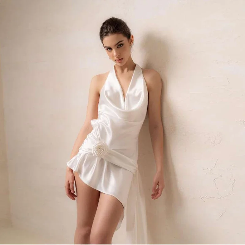 파리 스타일 로즈 불규칙 원피스 우아한 여성 행잉 넥 백리스 짧은 미니 원피스, 보라색 광택 새틴 파티 드레스