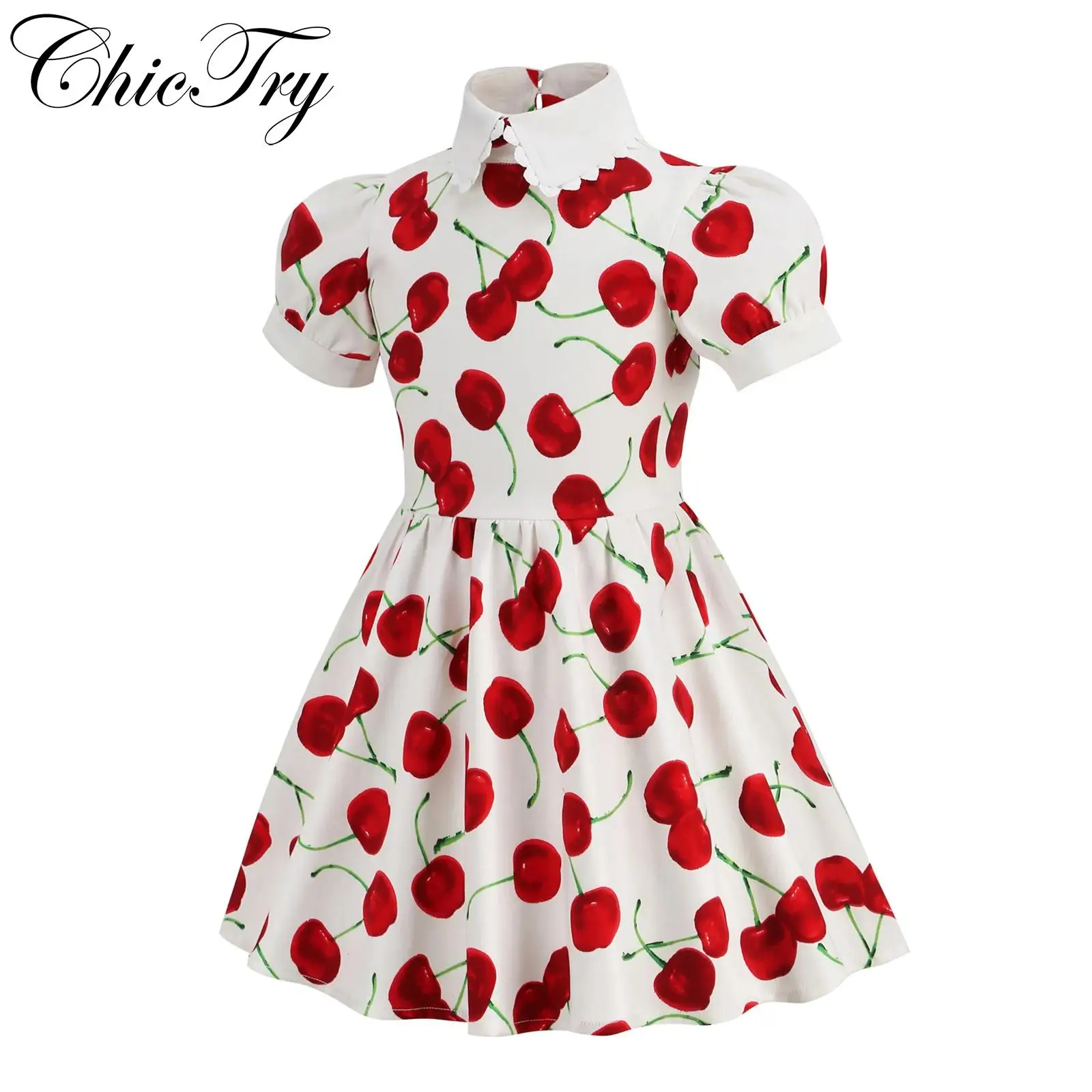 

Kids Girls 1950s Retro Dress Short Sleeve A-line Dress Cherry Print Vintage Dress Party Dress Summer Holiday Beachwear Dress
