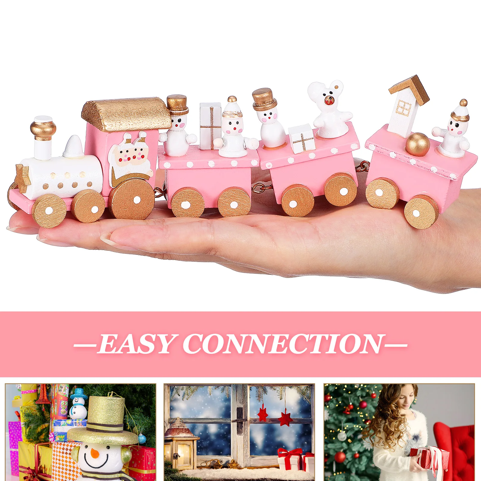 الوردي قطار خشبي زينة عيد الميلاد آمنة قوي لعبة أطفال مظهر رائع غرامة براعة عطلة زينة سطح المكتب #3