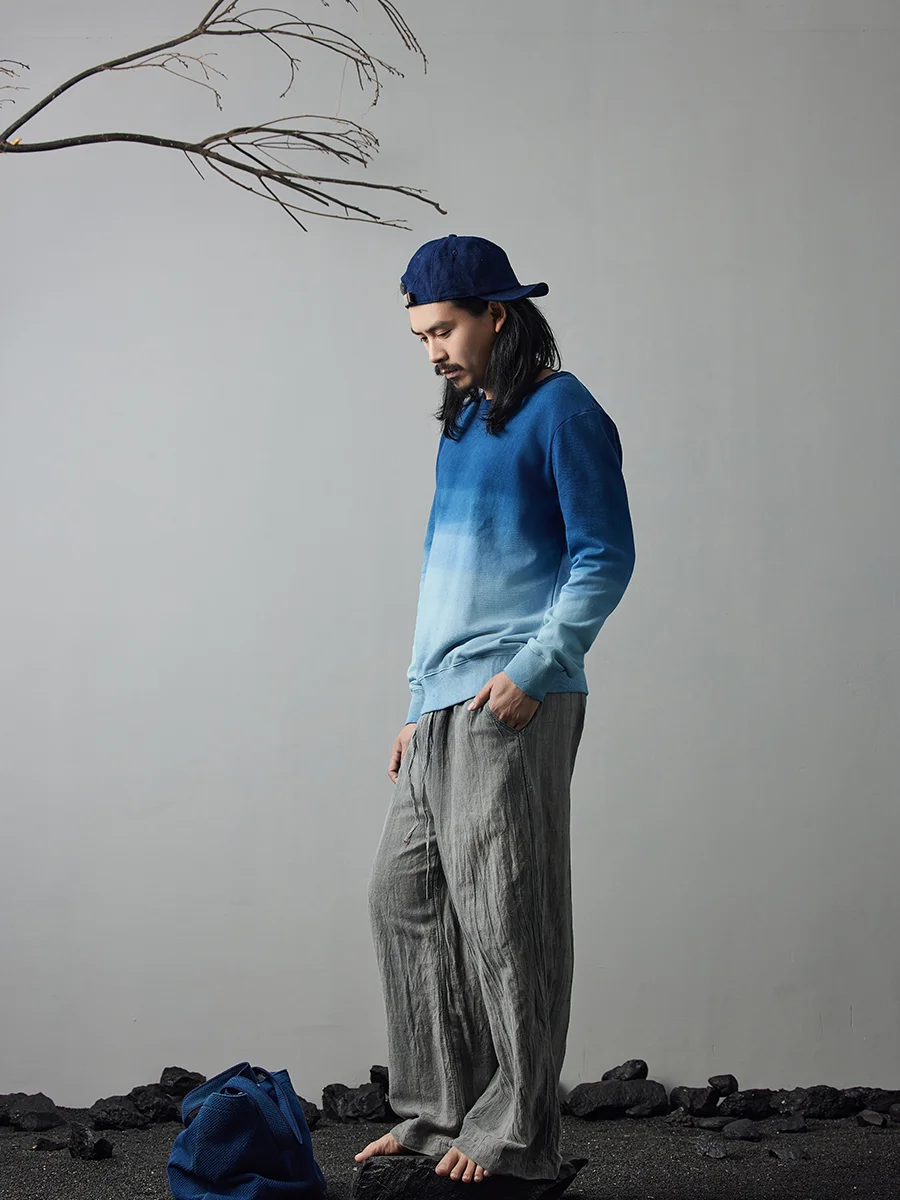 

Blue Dye Sweatshirt Japanese Retro Tie-Dye Dark Blue Gradient 360g Loose Versatile Casual Round Neck Pullover Sweatshirt
