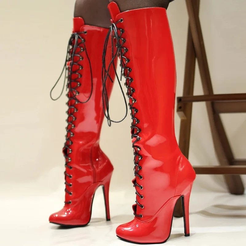 CACA Stivali alti al ginocchio da donna con tacco 14 cm, Scarpe cosplay SM da uomo fetish, Botas lunghi in pelle verniciata, Allacciatura, Taglia