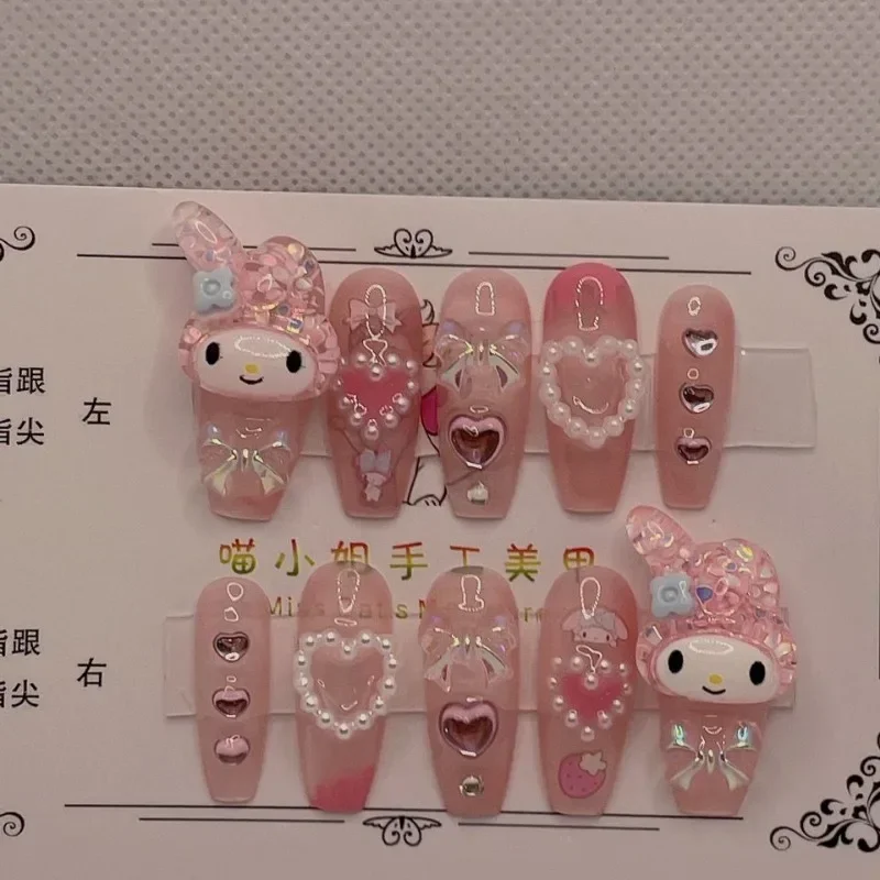 Sweet My Melody Anime Kawaii MINISO Fake Nail Patch Cute Cartoon Hello Kitty Y2k Removable Sticker Fashion Gifts for Kids