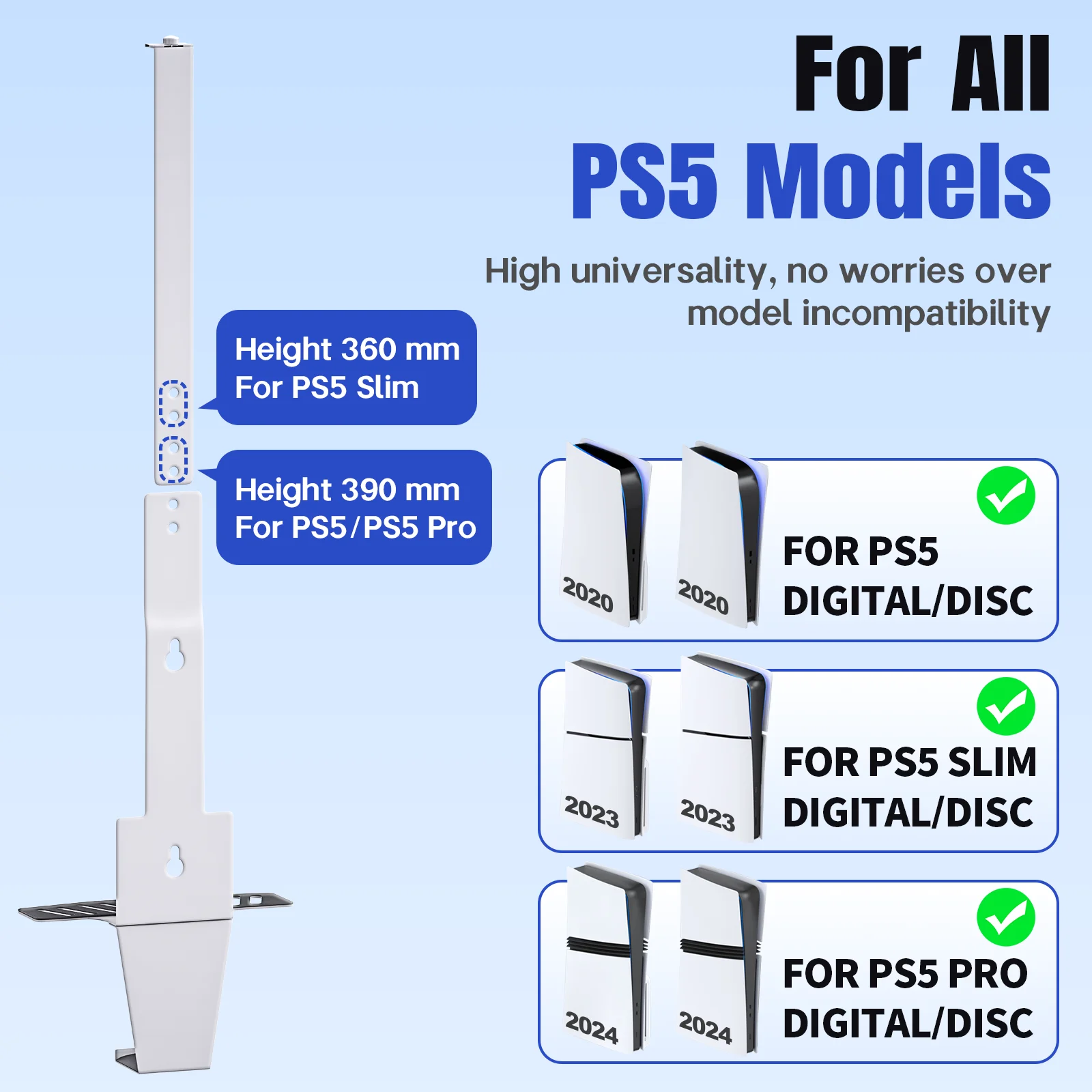 For PS5/PSPro/PS Slim Console Holder Wall Mount Storage Stand with 2 Game Controller Headset Hook Bracket For PlayStation 5