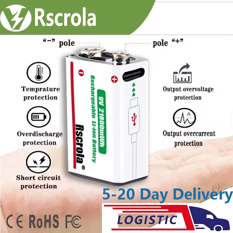 Lithium ion Rechargeable Battery Rscrola 9V 21800mWh High Capacity for Guitar Microphone Smoke Detector Pedal with Cable