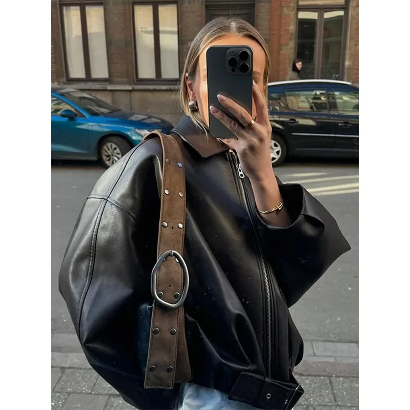 

Осенняя женская куртка с длинным рукавом и отложным воротником на молнии, женское пальто 2022, осенняя мода, свободные женские куртки из искусственной кожи на шнуровке