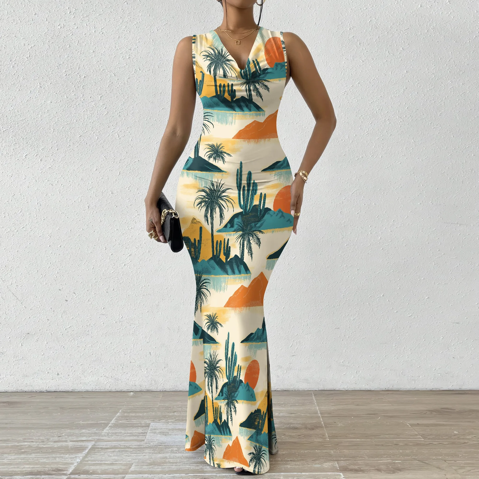 

Plus Size Sunset Desert Print Maxi Dress XS-2XL Sleeveless V-Neck Bodycon Long Dress for Vacation or Festival Picnic Look