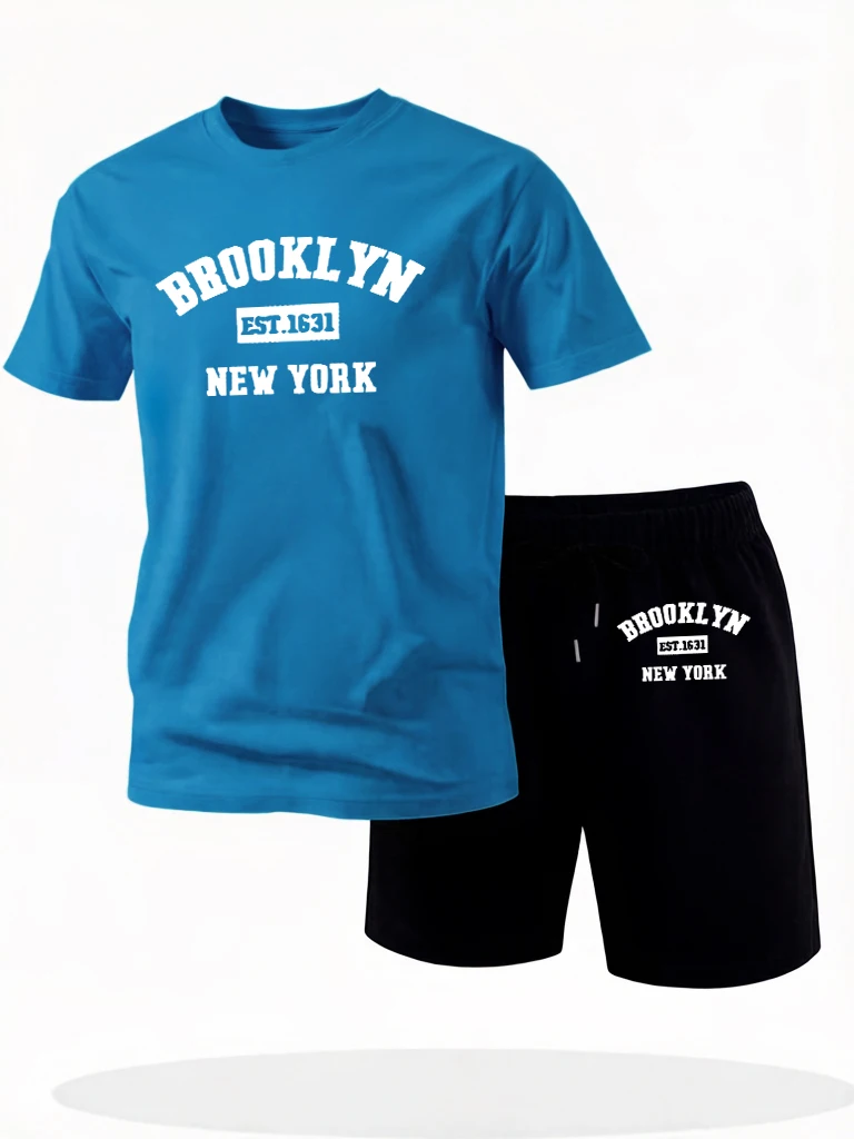 

Brooklun New York Letter Print Loose Summer Tees & Shorts Sport Street T-Shirt For Men Suit Cotton Breathable Classic Clothing