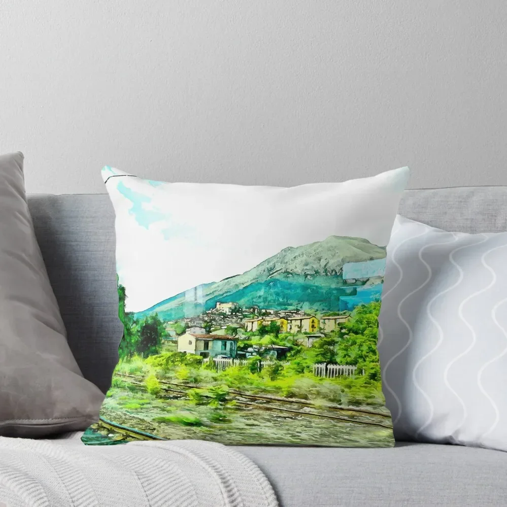 Landscape with tracks from train window with Celano city Throw Pillow Sofa Cushions anime girl pillow cover christmas Pillow