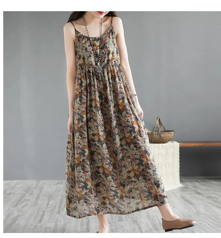 Original Design Baumwolle Leinen Midi Dr frauen Strap Dr Koreanische Sle Gedruckt Gored A-linie Rock Sommer Lange Svel