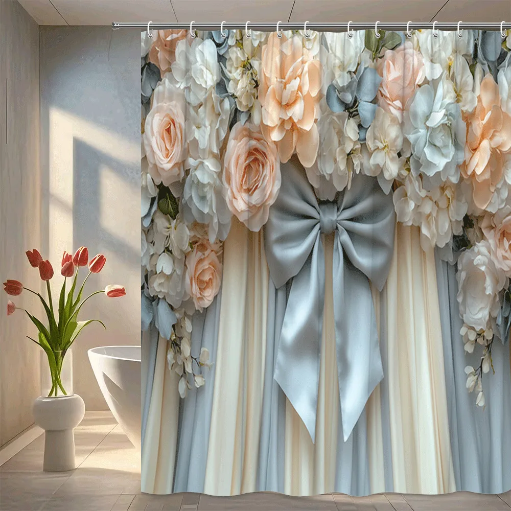 

Romantic Floral Bouquet Shower Curtain Peach White Roses and Satin Bow Elegant Wedding Style Decor Waterproof non-toxic material