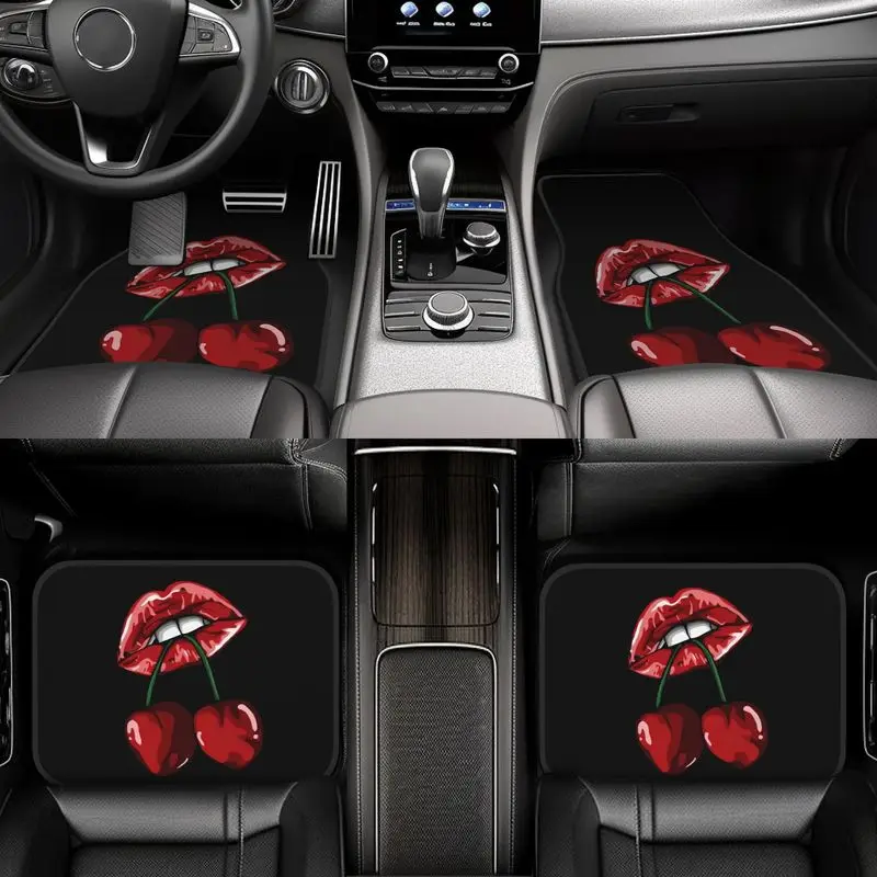 4Pcs Car Floor Mats, Red Lips Holding Cherries Print, Fashion Style