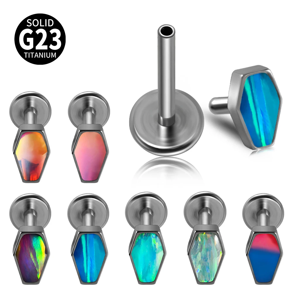 1PC G23 Titanium opal Hexagonal flash film Labret Lip Ring Crystal Cluster Ear Cartilage Tragus Helix Piercing Plug in Top 16g