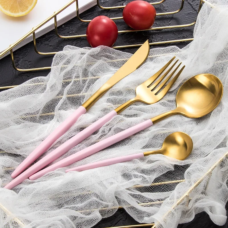 24PC Black Gold Portable Dinnerware Set 304 Stainless Steel Flatware Matte Set Family Dinner Knife Fork Spoon Chopsticks Cutlery