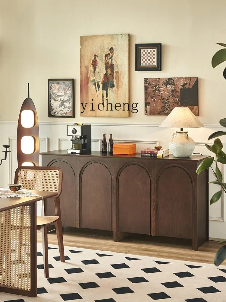 retro dining side cabinet solid wood rattan household storage porch against the wall arched tea cabinet