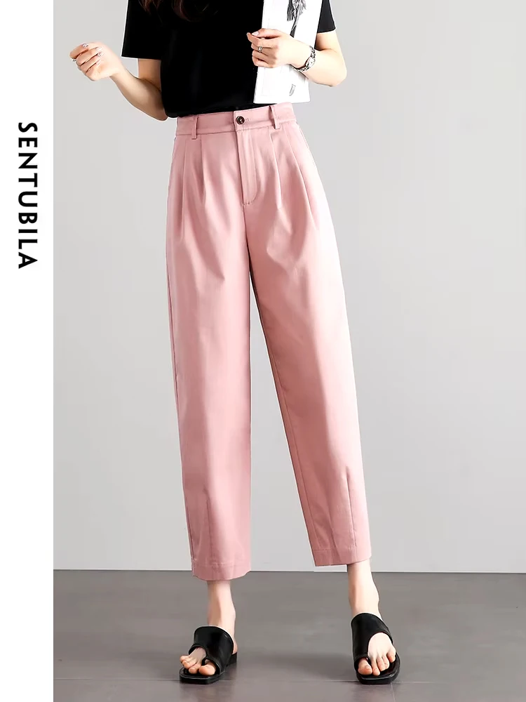 SENTUBILA Lyocell Cotton Blend Women Cropped Pants 2024 Summer Simple Elastic Waist Ankle-length Haren Pants Womens Trousers